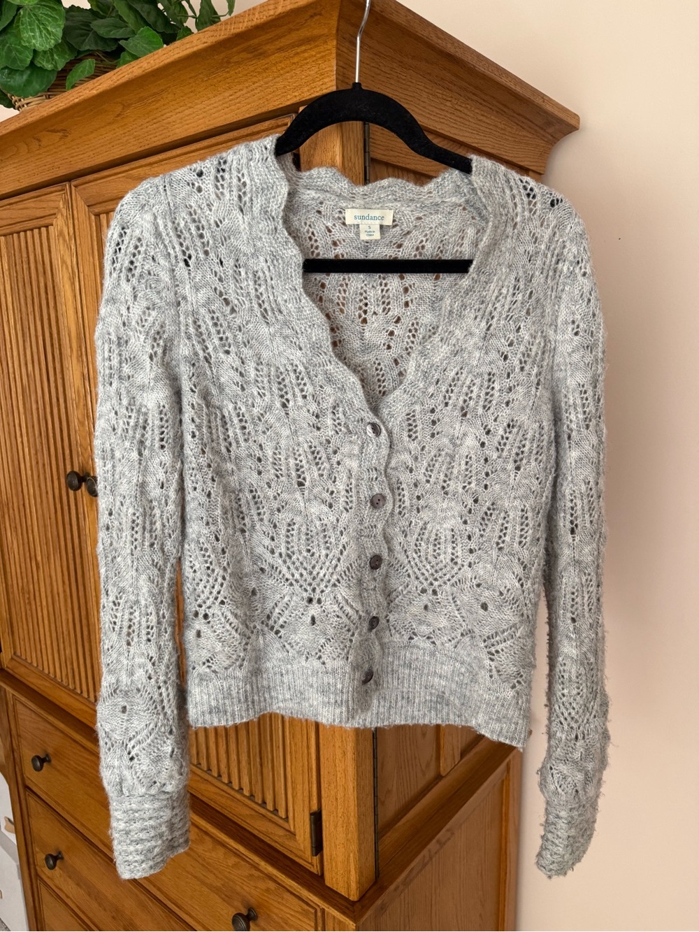 Sundance Light Gray Openwork Knit Button-Up Cardigan
